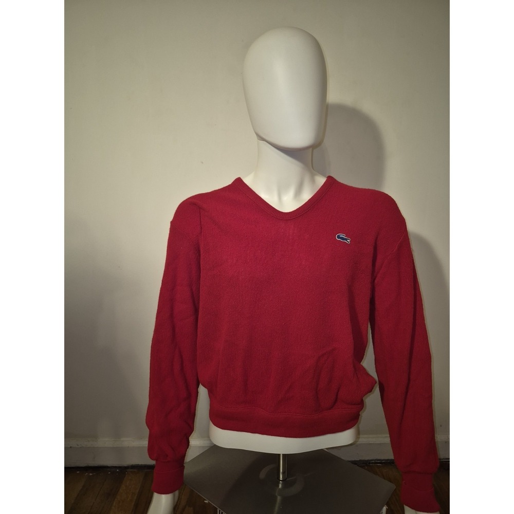 Vintage IZOD Lacoste Red V-Neck Sweater USA Made Croc Logo Large (B)